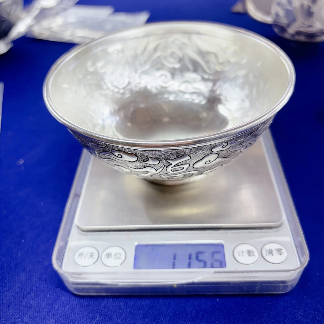 足银银制品 贵人银都 银碗足银999手工雕花银餐具碗内径11cm单层