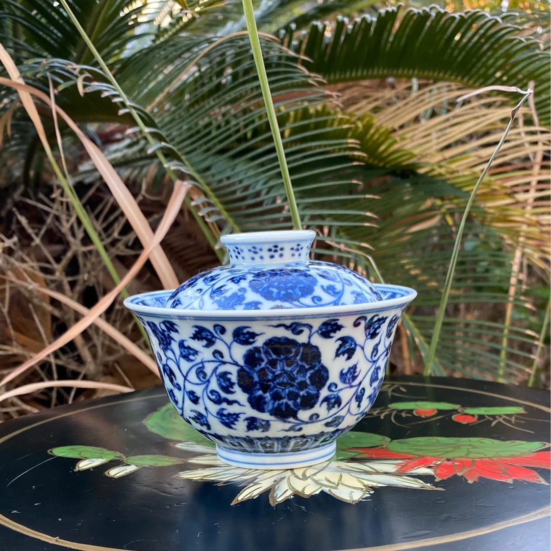 舜瓷天工一品月季花卉盖碗纯手工陶瓷瓷盖碗釉下青小盖碗釉下彩