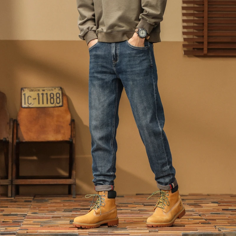 秋冬新款男士牛仔裤哈伦裤微宽松微弹力怀旧长裤复古蓝男裤862
