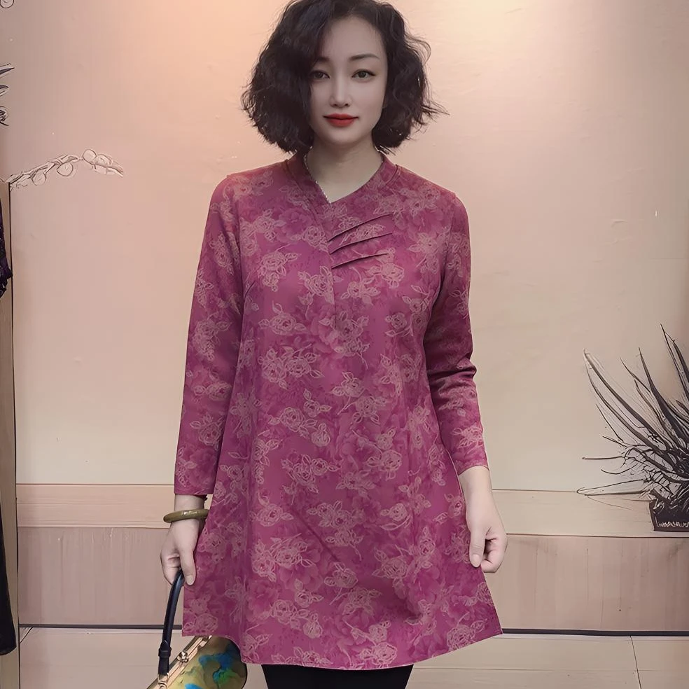 V领633领中长款显瘦时尚复古花休闲新国风彩色妈妈装