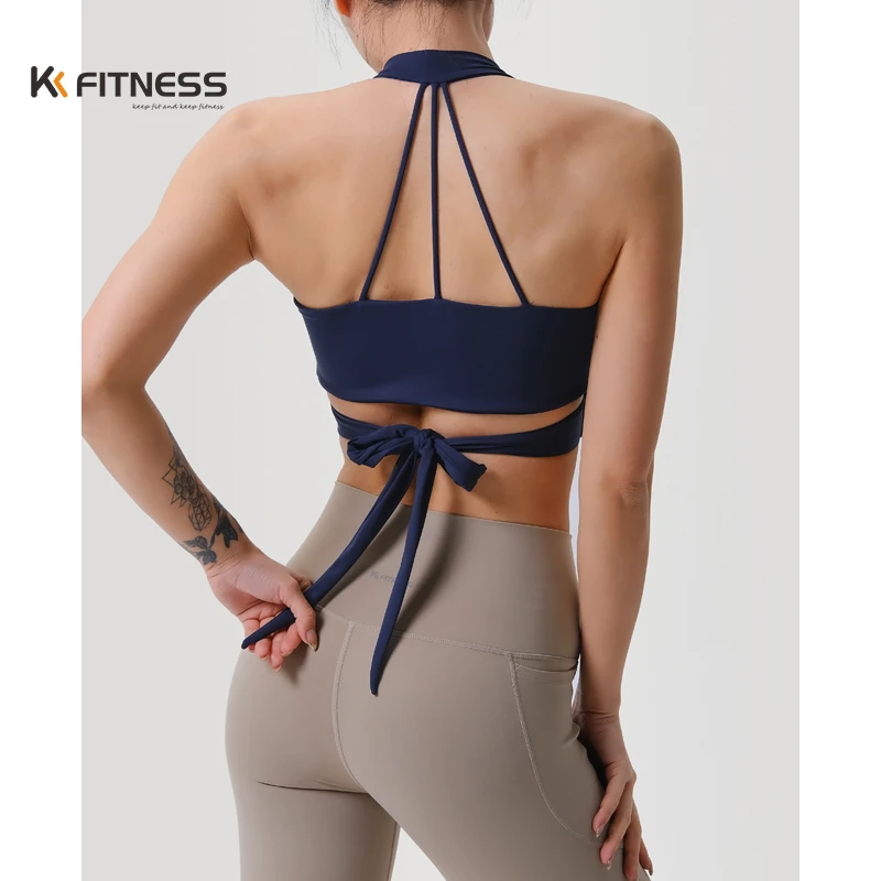 kk fitness蓝色运动背心女外穿带胸垫美背挂脖紧身瑜伽上衣夏款