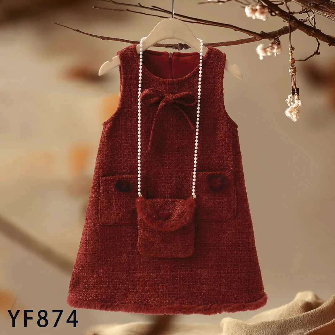 YF874蝴蝶结毛呢儿童连衣裙