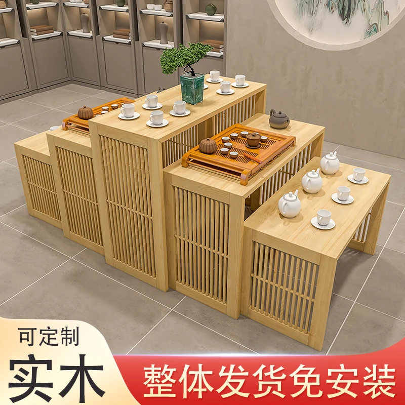 茶叶中岛柜实木茶桌台茶室店多层流水台紫砂壶瓷器双面置物陈列柜