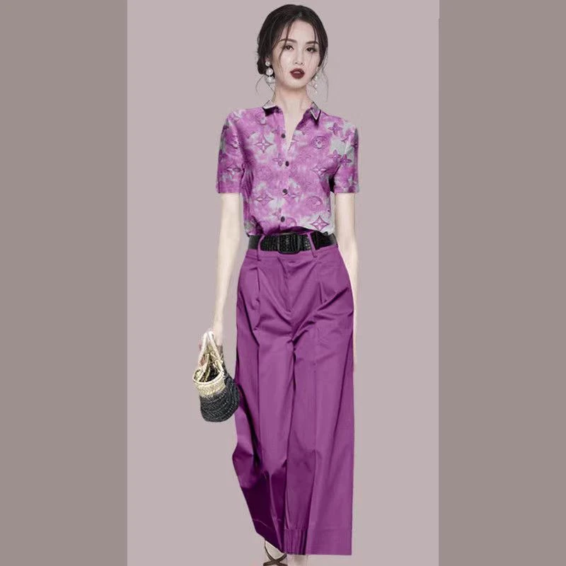 御姐范气质大牌休闲套装女2024夏季时尚印花衬衫阔腿裤子两件套