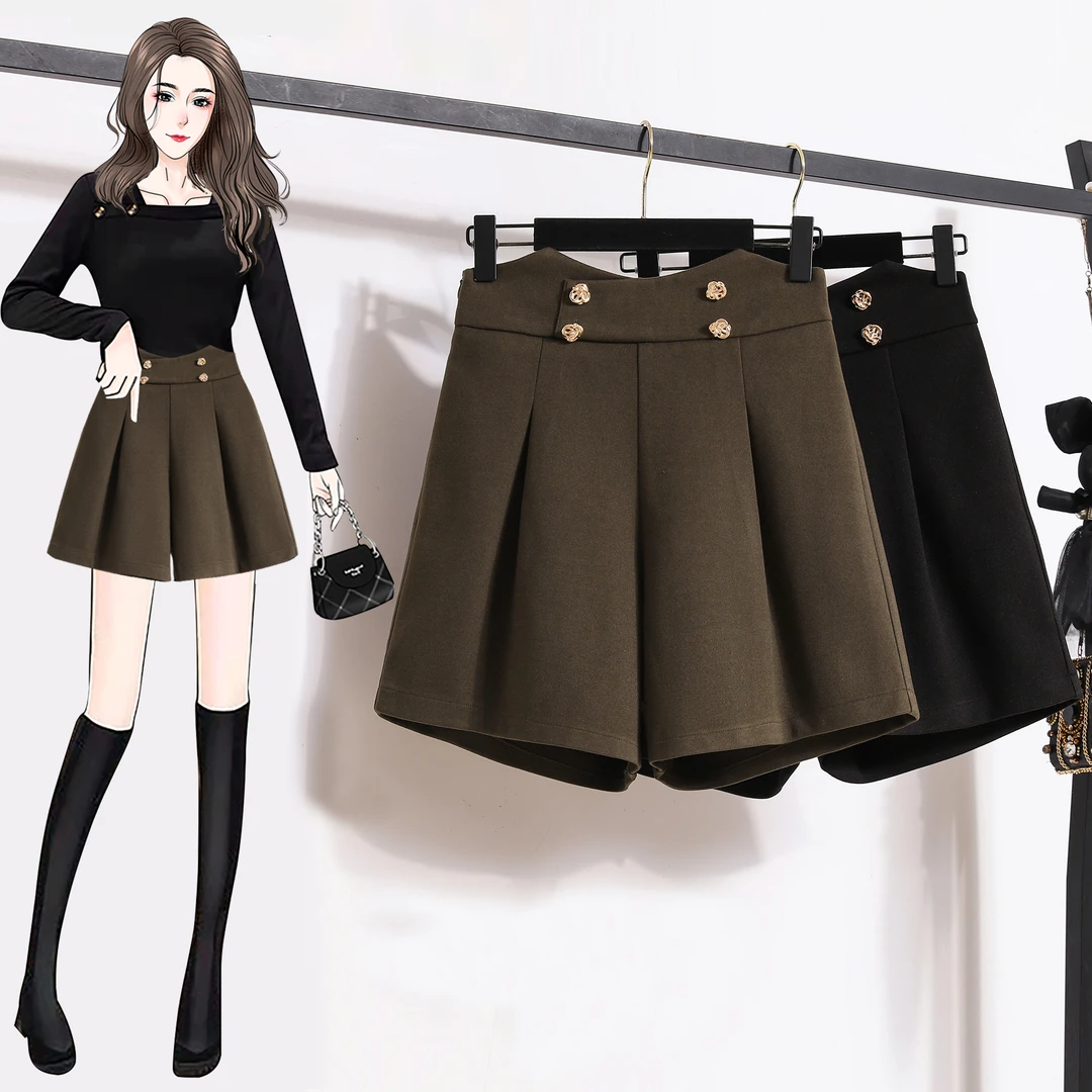 大码毛呢五分短裤女高腰a字秋冬小众显瘦双排扣外穿靴裤-QGQY7911