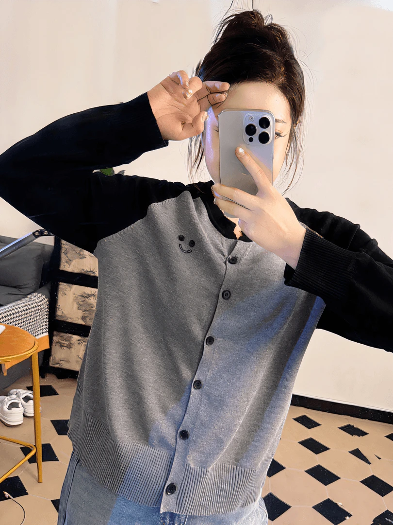 8199-6插肩长袖针织开衫外套薄春秋新款大码显瘦宽松洋气笑脸上衣