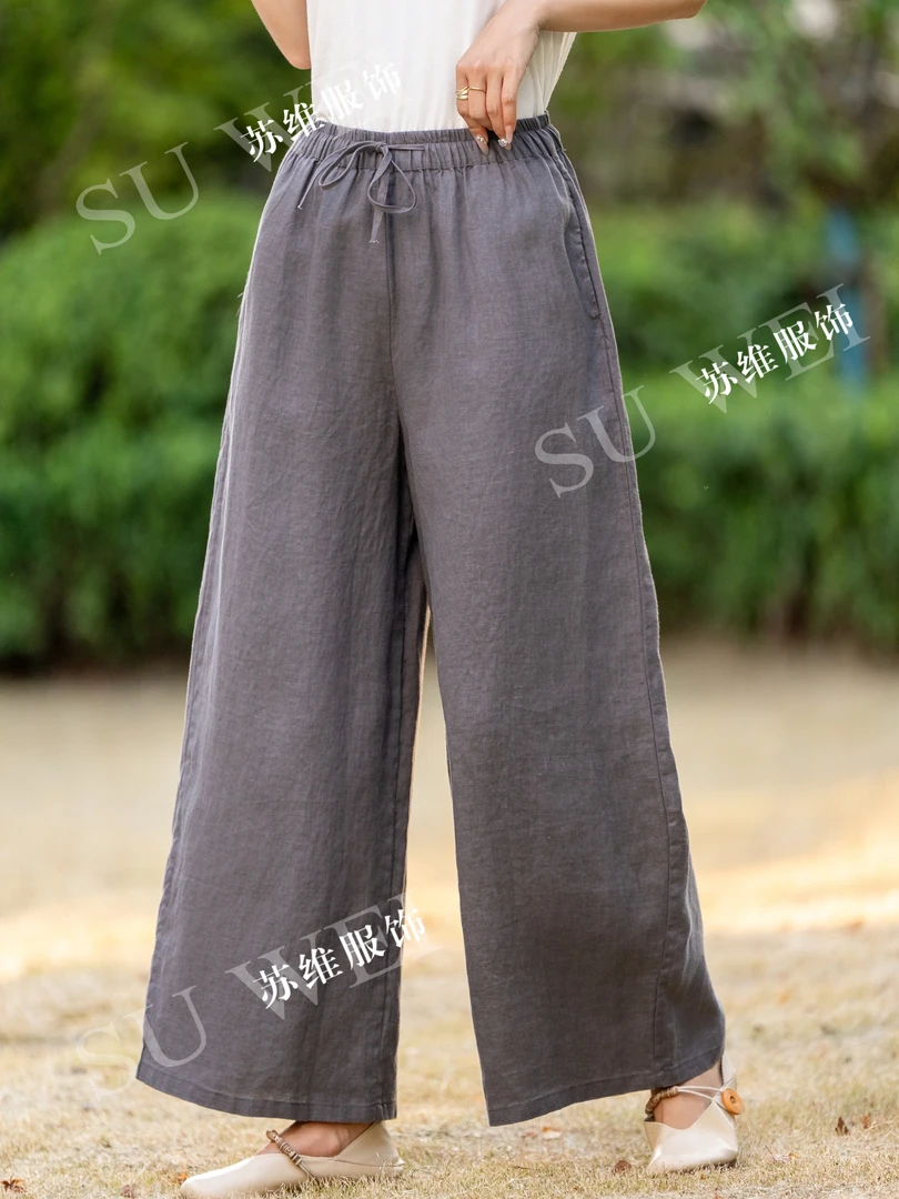 【维揽】6511进口雨露纯亚麻精雕立裁香奢小直筒裤