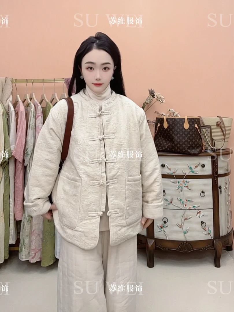 8111【千玺】亚麻立领盘扣棉衣女夹棉保暖外套