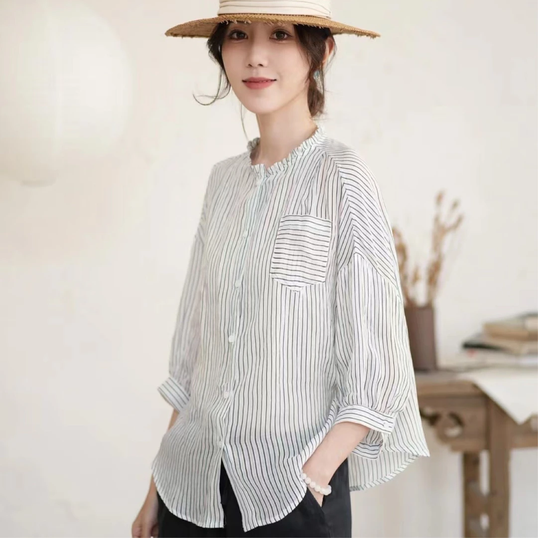 【维揽】F2001 春新款文艺清新条纹宽松大码衬衣苎麻衬衫女上衣