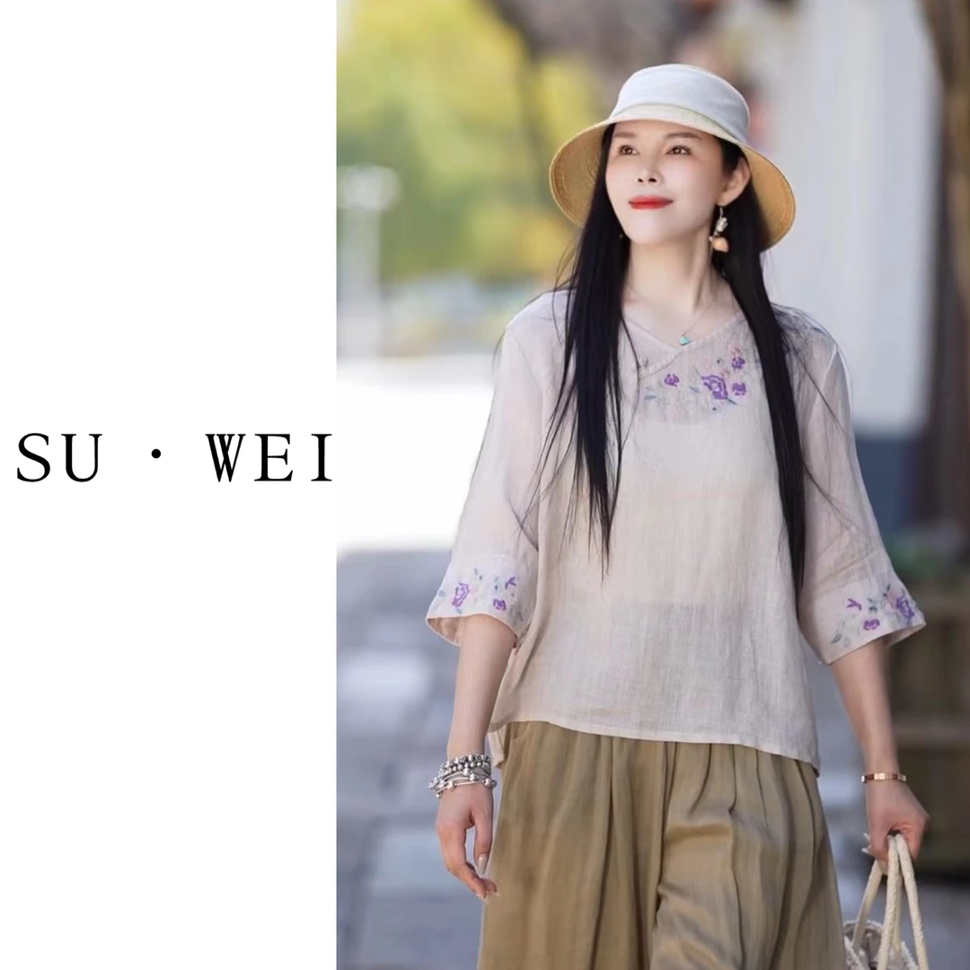 苏维9260文艺复古刺绣苎麻宽松遮肉显瘦印花休闲上衣