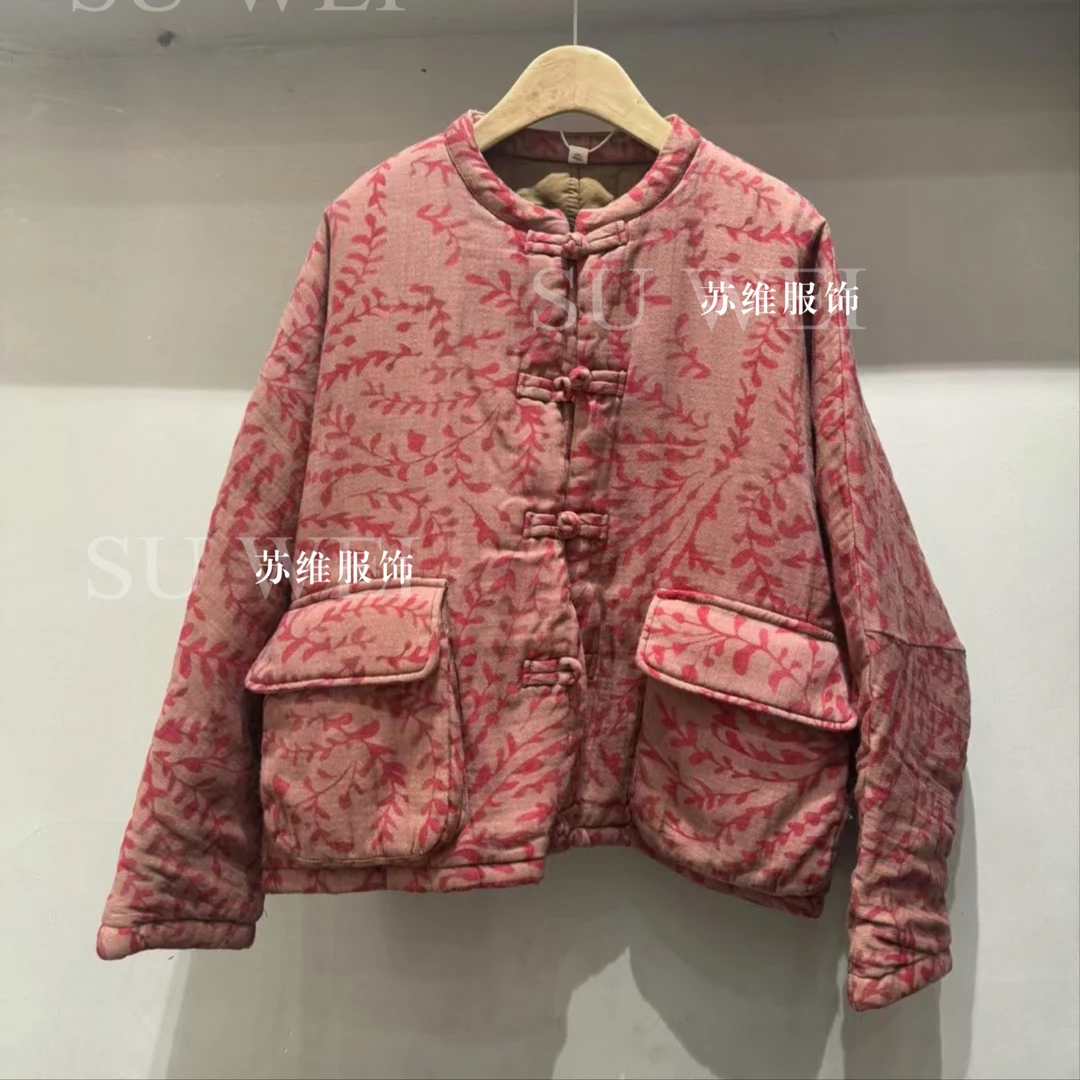 3160复古斜纹天丝苎麻印花棉服立领盘扣加厚保暖棉衣冬季