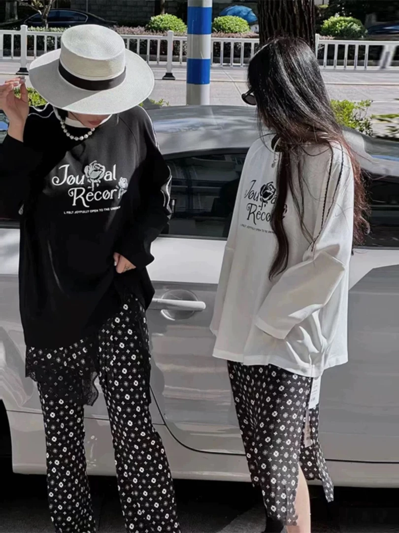 设计师款2024秋新品字母印花logo长袖圆领百搭宽松长袖T恤上衣女