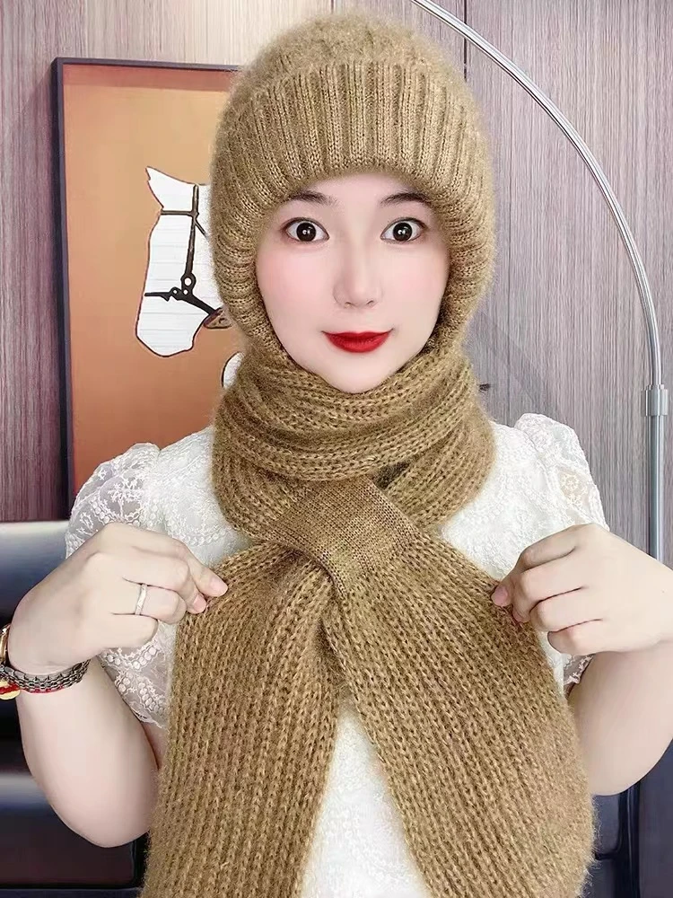 保暖女毛线帽加绒加厚帽子围巾一体编织风雪帽针织防寒帽子