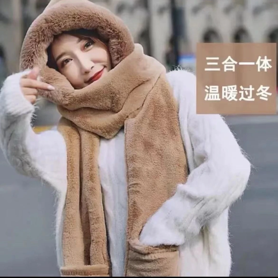 大条帽三件套保暖冬季帽子围巾手套一体韩版百搭加绒加厚毛绒双层
