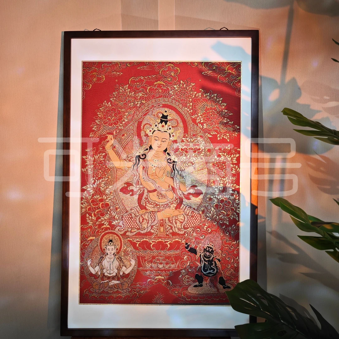 实木画框装裱 【文殊-红唐三怙主】刺绣画心（成品70*110cm）