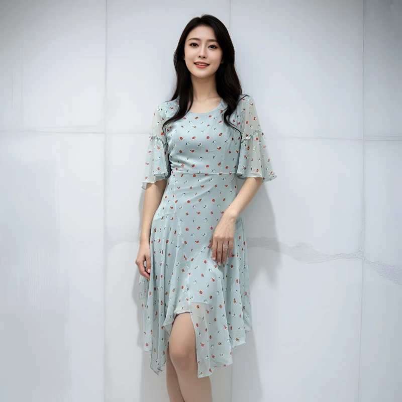 季候风夏季通勤气质高腰A字小个子显瘦雪纺碎花连衣裙02LC157