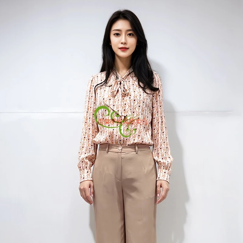 臣枫春秋新品飘带碎花通勤长袖上衣气质减龄衬衫女装FD7681