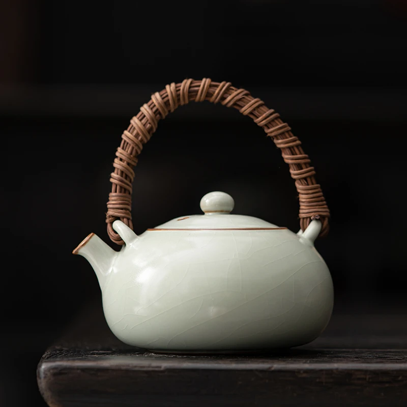 轻奢天青汝瓷藤编提梁壶功夫茶具陶瓷开片可养茶空间半手工泡茶器