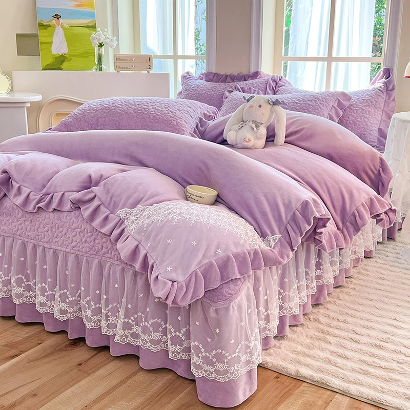 【夹棉加厚牛奶绒床盖款】轻奢加厚韩版纯色加绒三件套双面绒可机洗