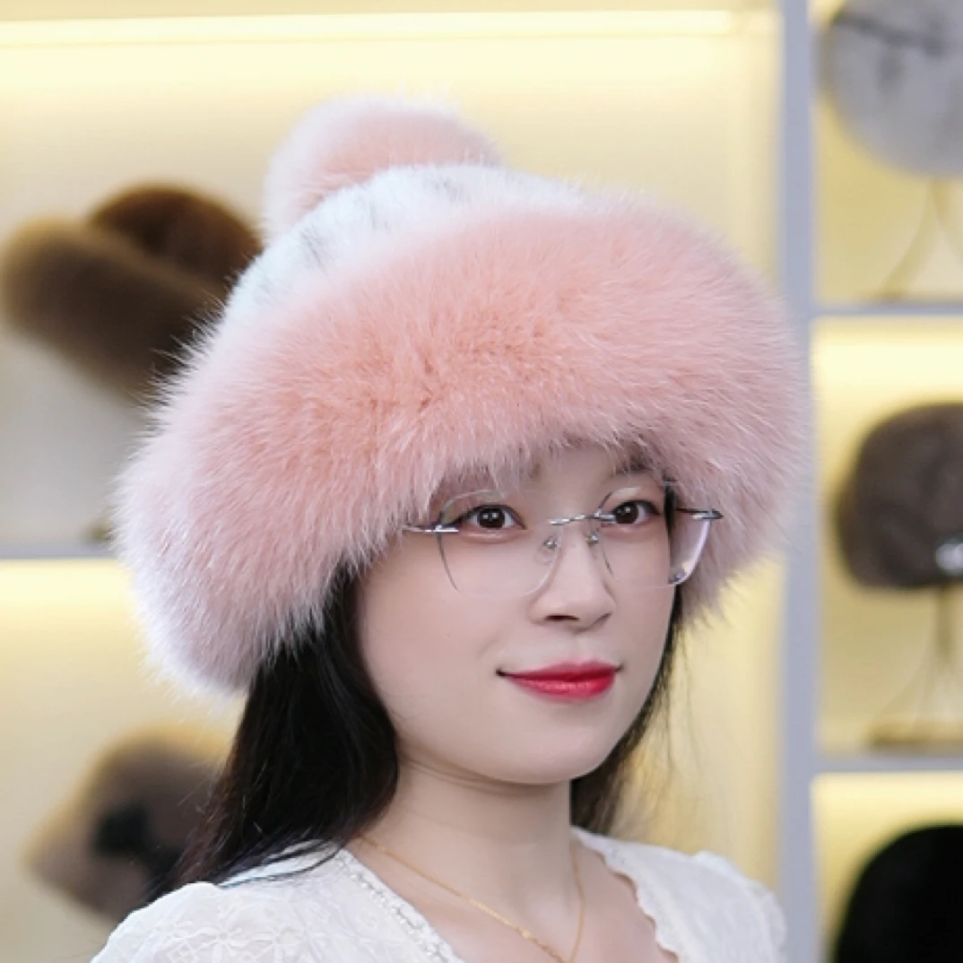 2024新款水貂公主帽女帽冬季新品保暖女帽拼貂狐狸毛球可爱风
