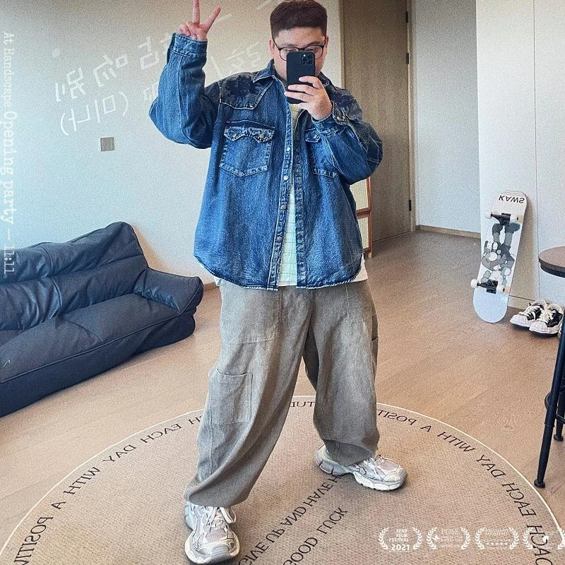 陈达浪不太胖大码男装秋季新款牛仔外套格子衬衫灯芯绒裤搭配套装