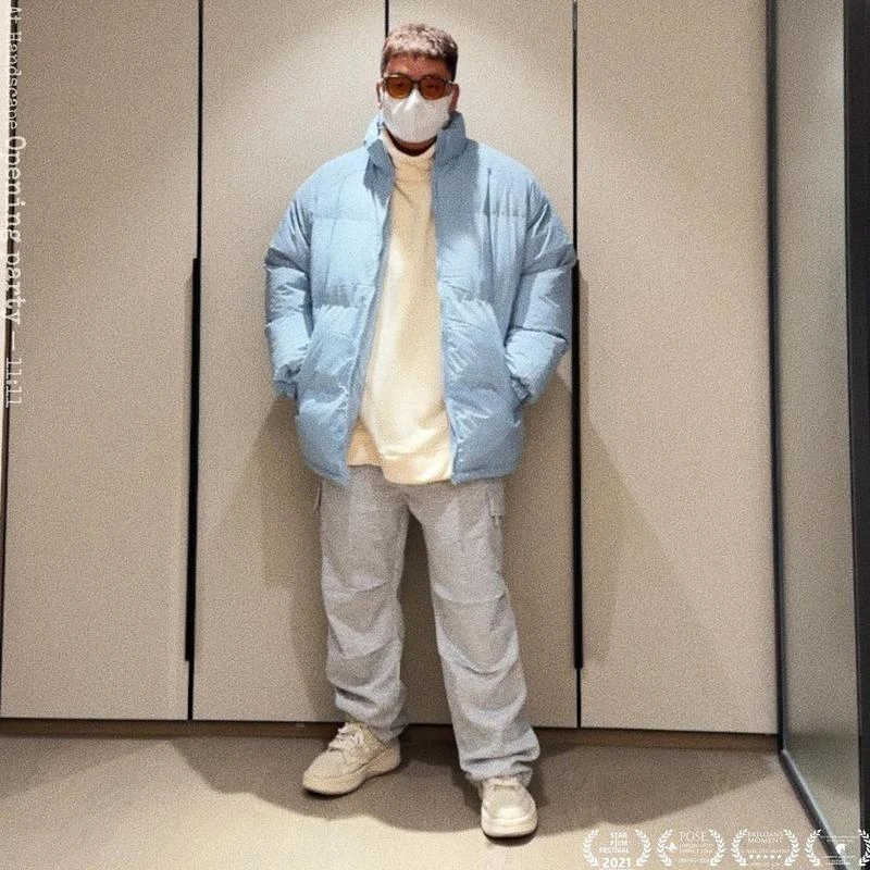 陈达浪不太胖大码男装冬季新款浅蓝色棉衣米色卫衣灰卫裤搭配套装