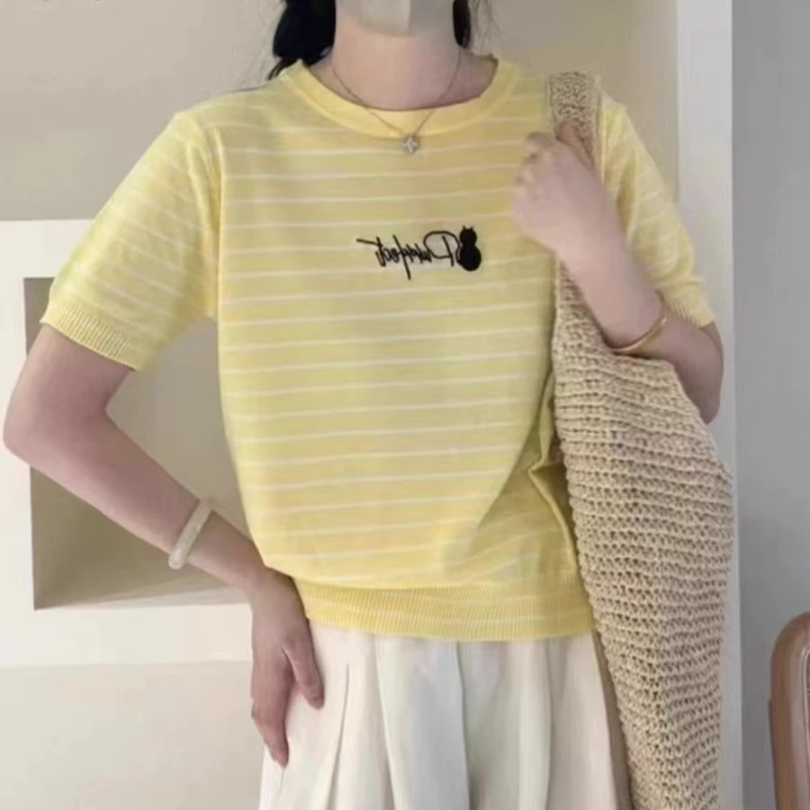 夏季新款条纹刺绣logo字母圆领时尚女士短袖