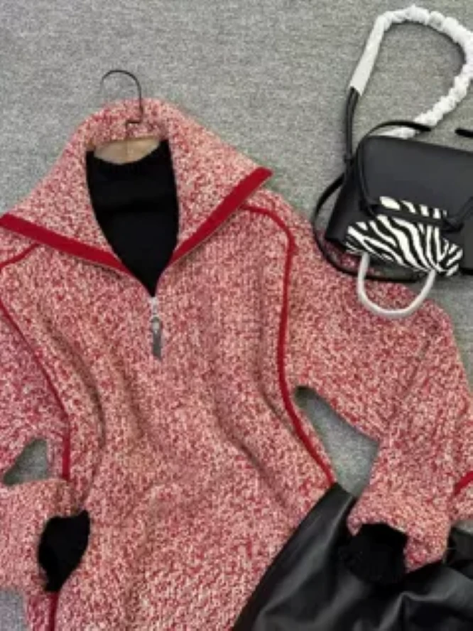 重磅原单 100%纯山羊绒半拉链花纱宽松慵懒毛衣