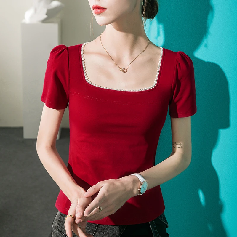 法式珍珠拼接方领短袖T恤女泡泡袖复古2025夏季新款修身纯色上衣