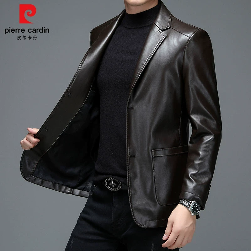 皮尔卡丹男士皮衣秋冬新款中年皮西服宽松版型皮夹克外套时尚男