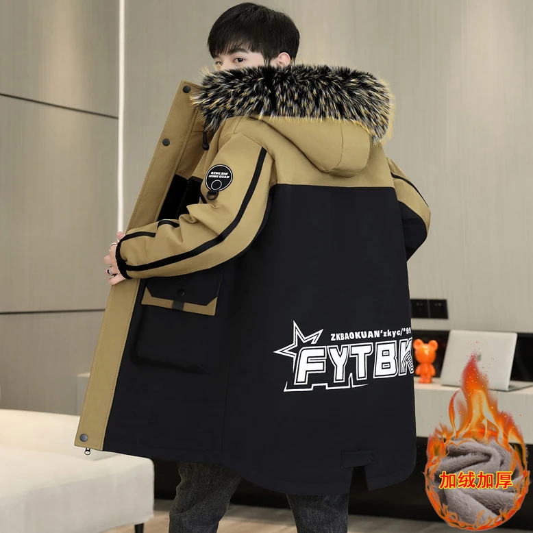 男士外套中长款加绒加厚2025冬季连帽青少年派克服保暖防寒棉衣服