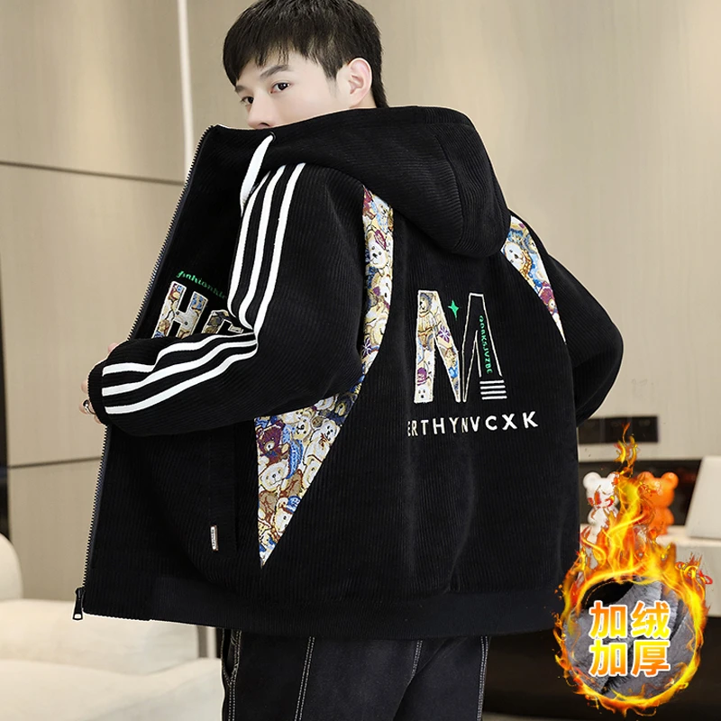 冬季新款男士加绒加厚连帽夹克棉衣外套青少年学生时尚保暖潮外套