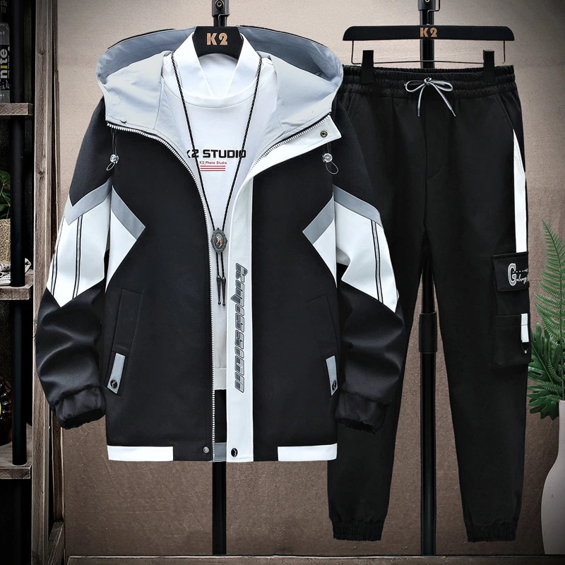 2024春秋季男士夹克潮牌休闲套装青少年学生连帽男孩子外套衣服