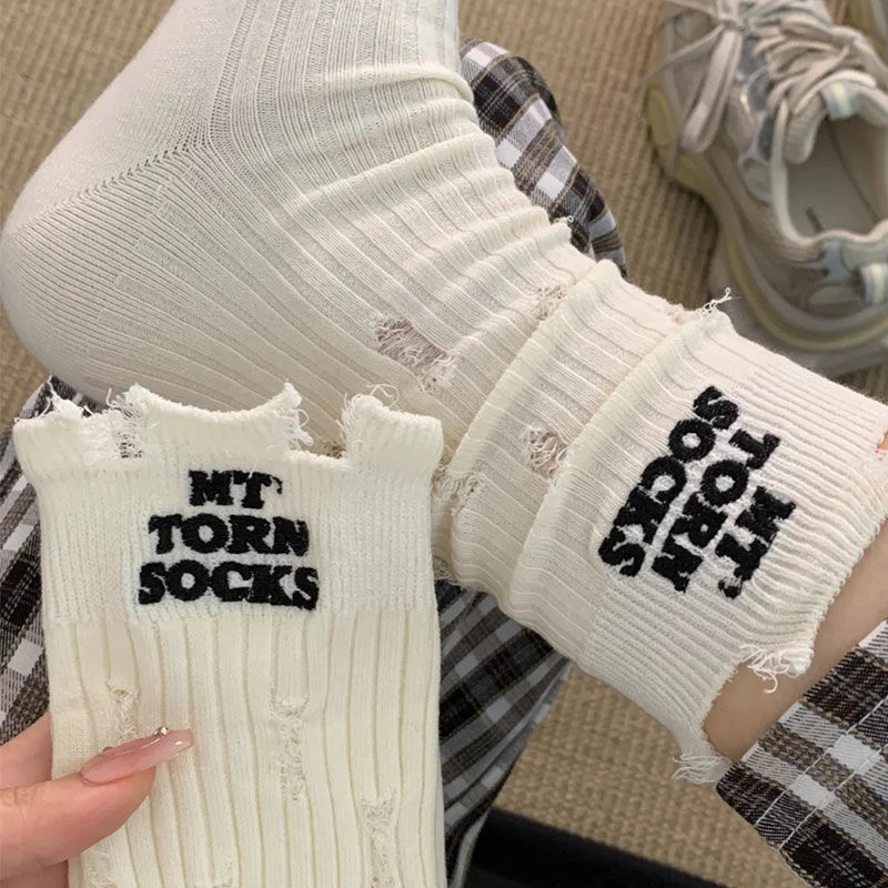 网红乞丐洞洞ins袜子夏季刺绣字母薄款堆堆破洞街头潮流白色中筒