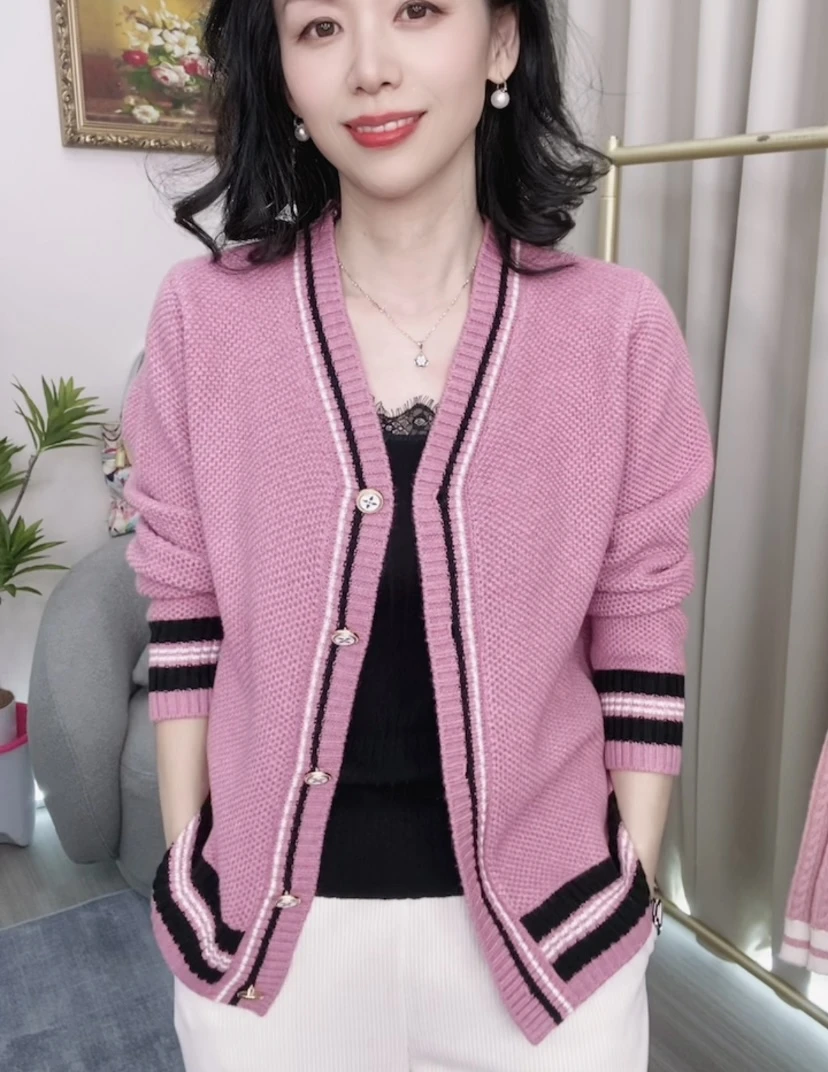 JZ秋冬新款加厚毛衣开衫  撞色V领长袖针织女士毛衣开衫外套女