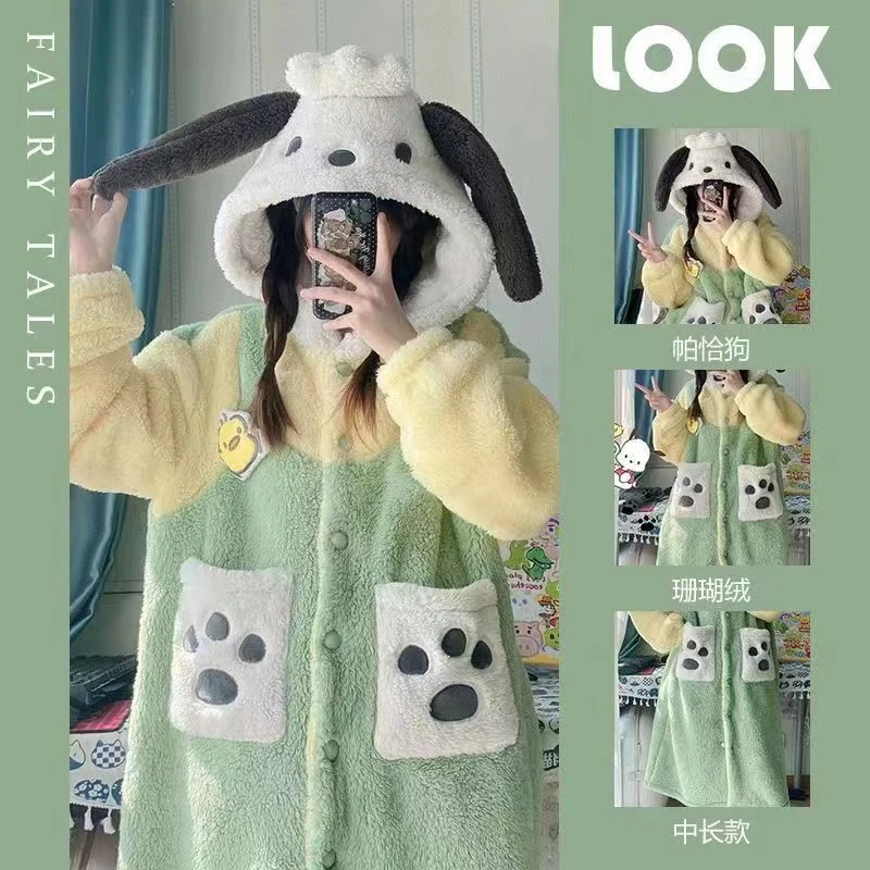 【工厂直销】珊瑚绒加绒加厚秋冬季卡通睡衣女连帽高端精品睡衣套装