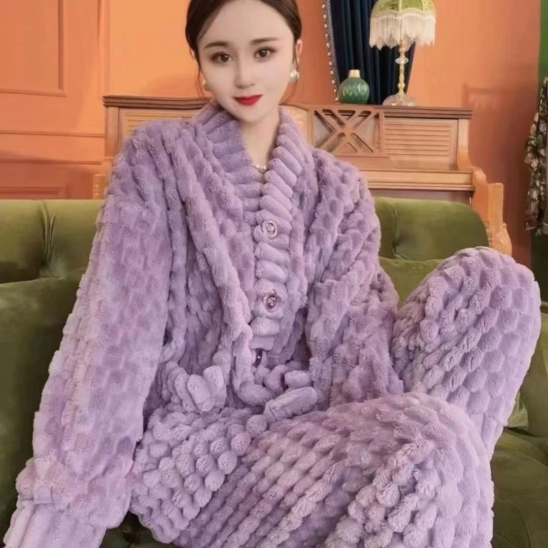 【反季清仓】1011简约紫色V领加绒加厚秋冬季高端睡衣套装起居服