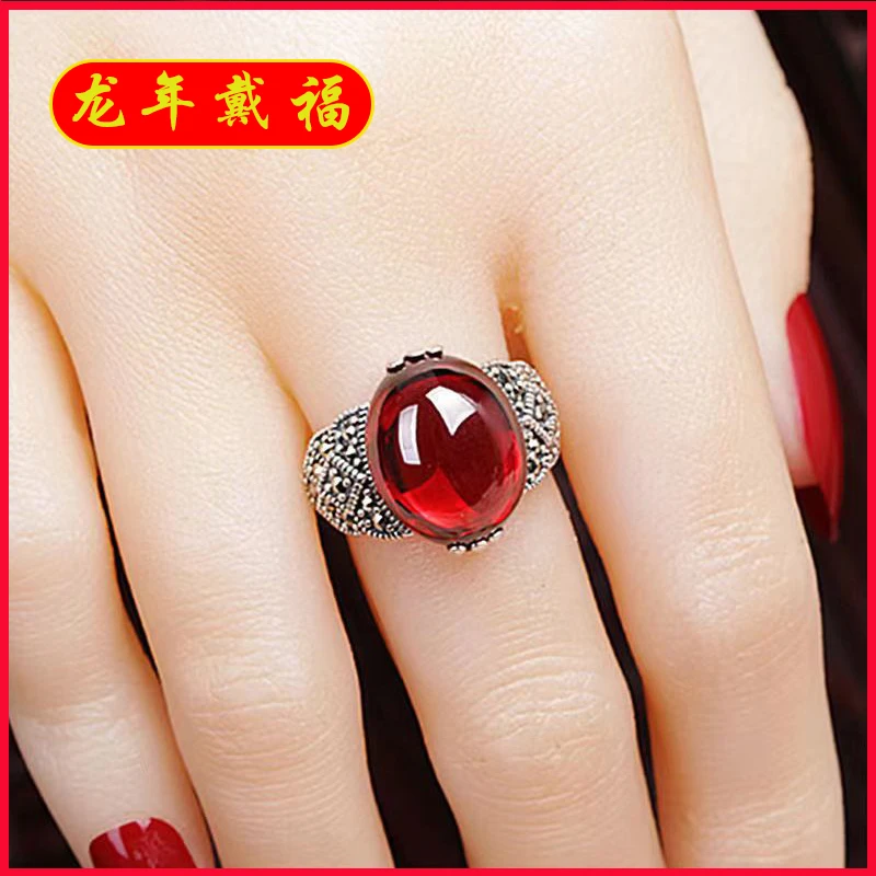 合金戒指 龙年新款女士开口指环时尚大气镶嵌红色珠银戒指送妈妈