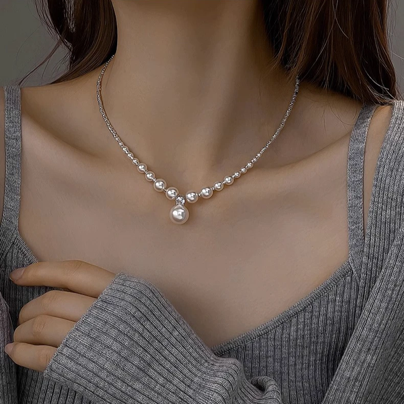 铜合金项链 碎银几两施家珠珠项链法式复古高级感气质百搭锁骨链