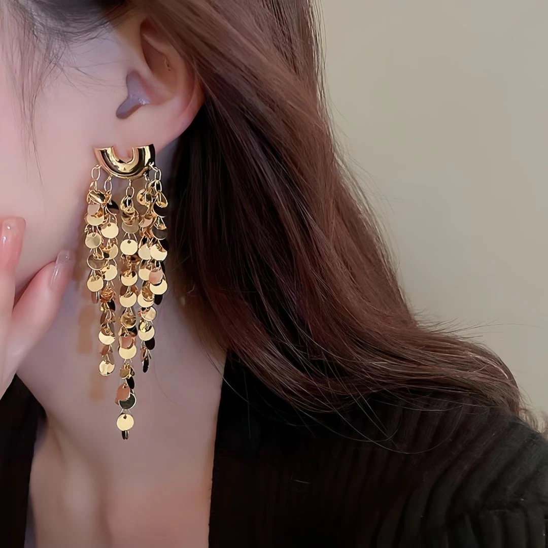 铜合金耳饰 欧美时尚夸张u型金属亮片流苏耳环高级感耳钉气质耳饰