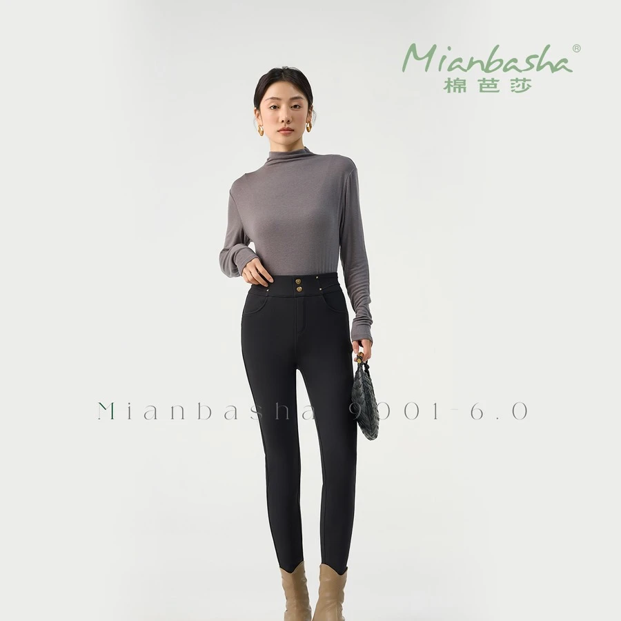 厚380g起棉芭莎牛油果小黑裤24911高腰黑色长裤显瘦百搭