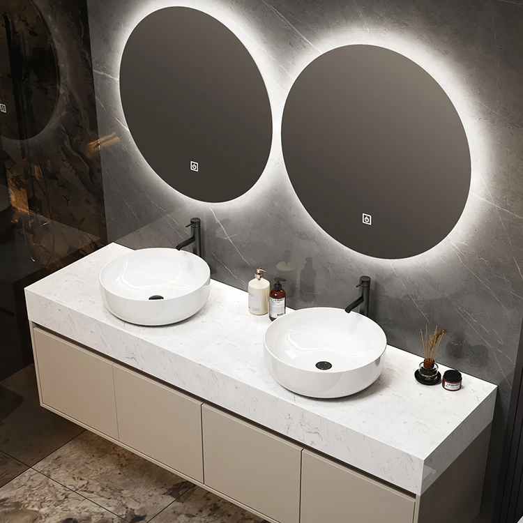 奶油风浴室双人洗漱台洗手池民宿公共卫生间台上双盆洗脸盆柜组合