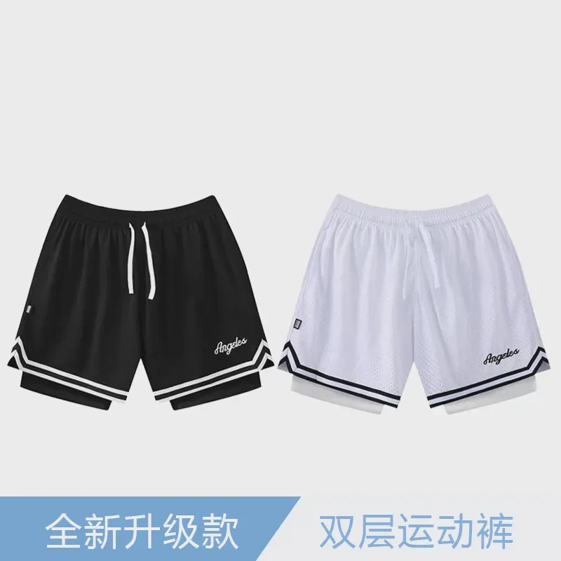 美式短裤带内衬假两件三分不过膝篮球短裤跑步训练健身短裤防走光