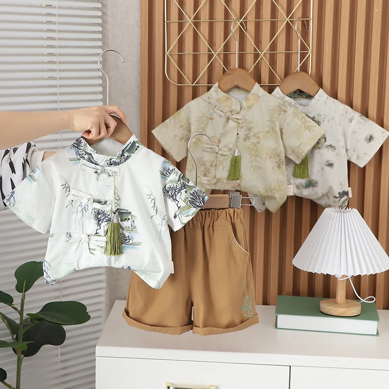 儿童国风衬衫短袖短裤两件国风休闲男童潮帅汉服套装国风短袖套装