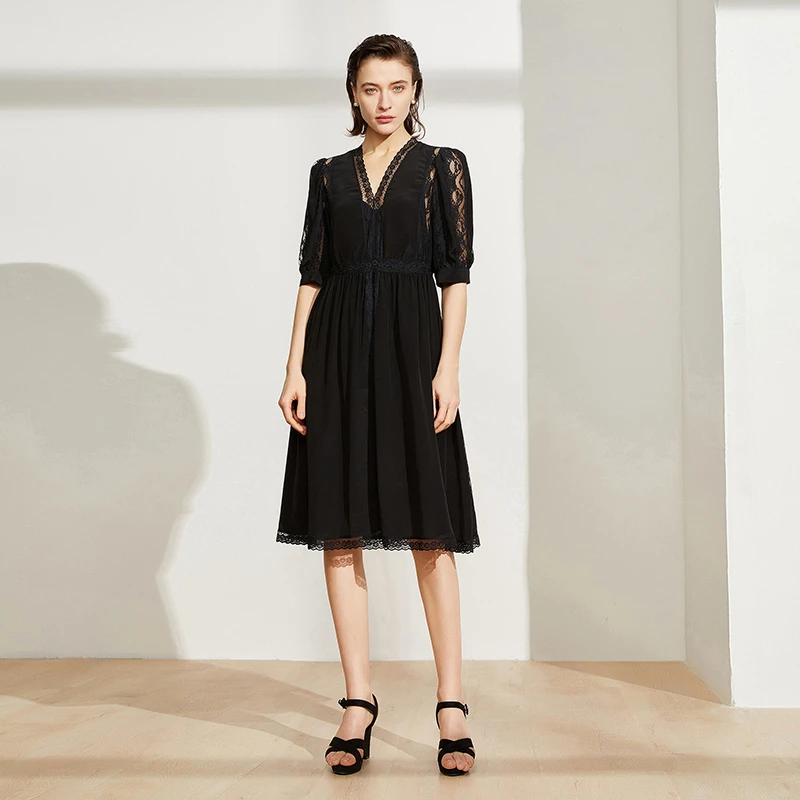 100%桑蚕丝双绉蕾丝拼接中袖连衣裙高级感显瘦优雅裙子71051349