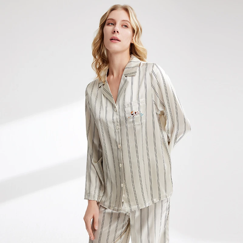 【100桑蚕丝】夏季新款时尚素绉缎条纹女长袖家居服81011277