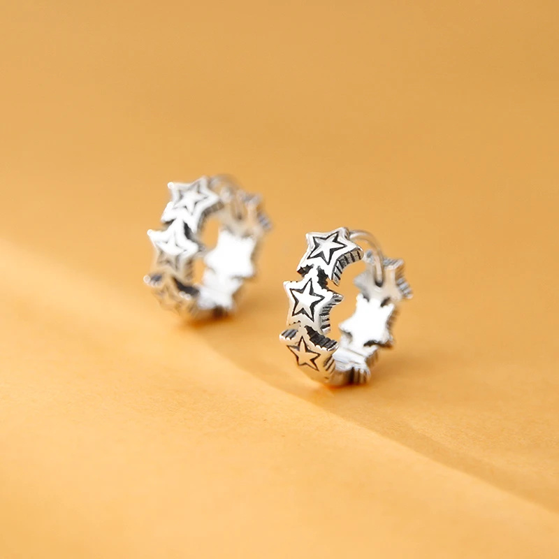 言若银匠 925银耳饰 纯银耳环女复古五角星时尚小众个性耳扣EK111