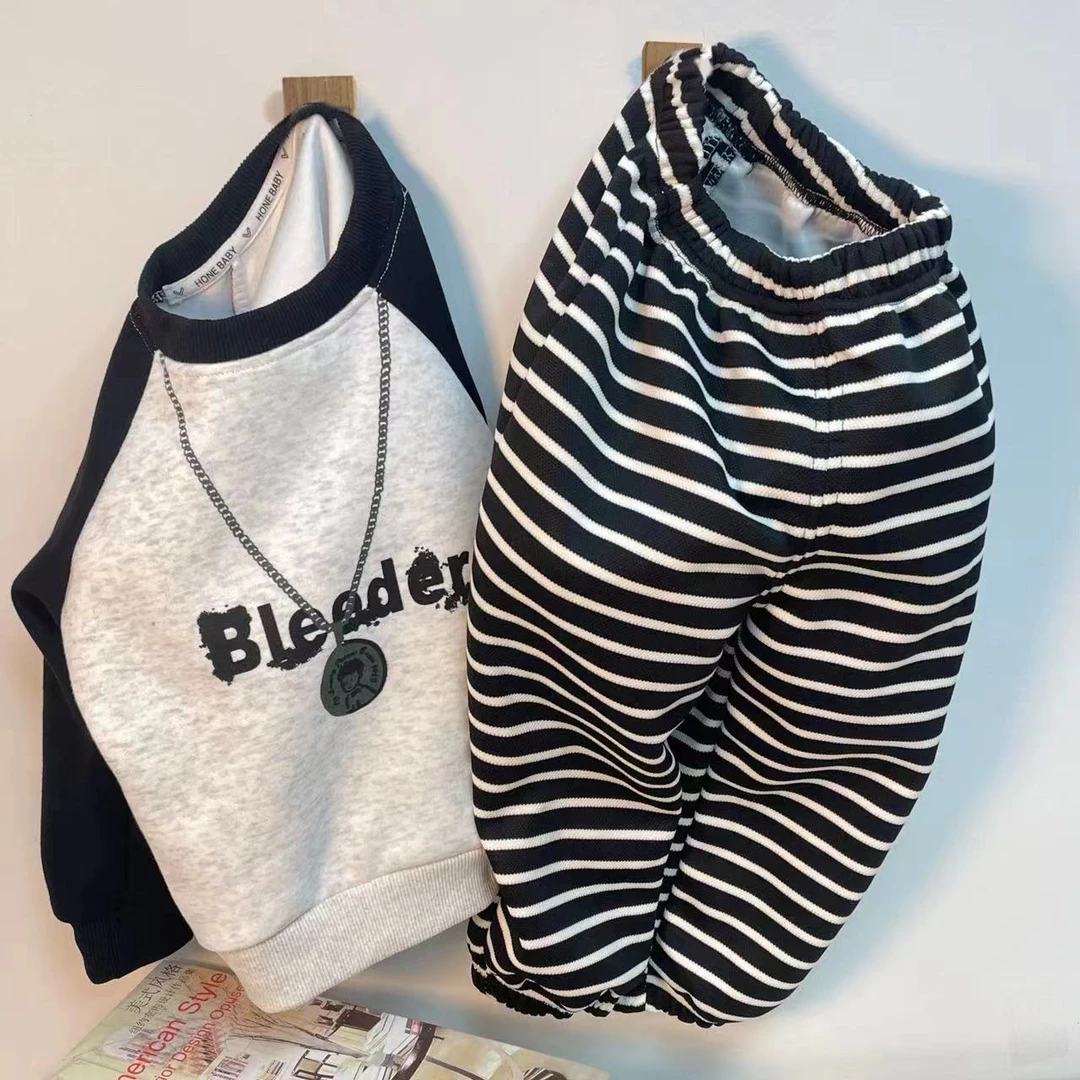 秋冬新款2024拼色字母卫衣套装条纹运动男女童痞帅