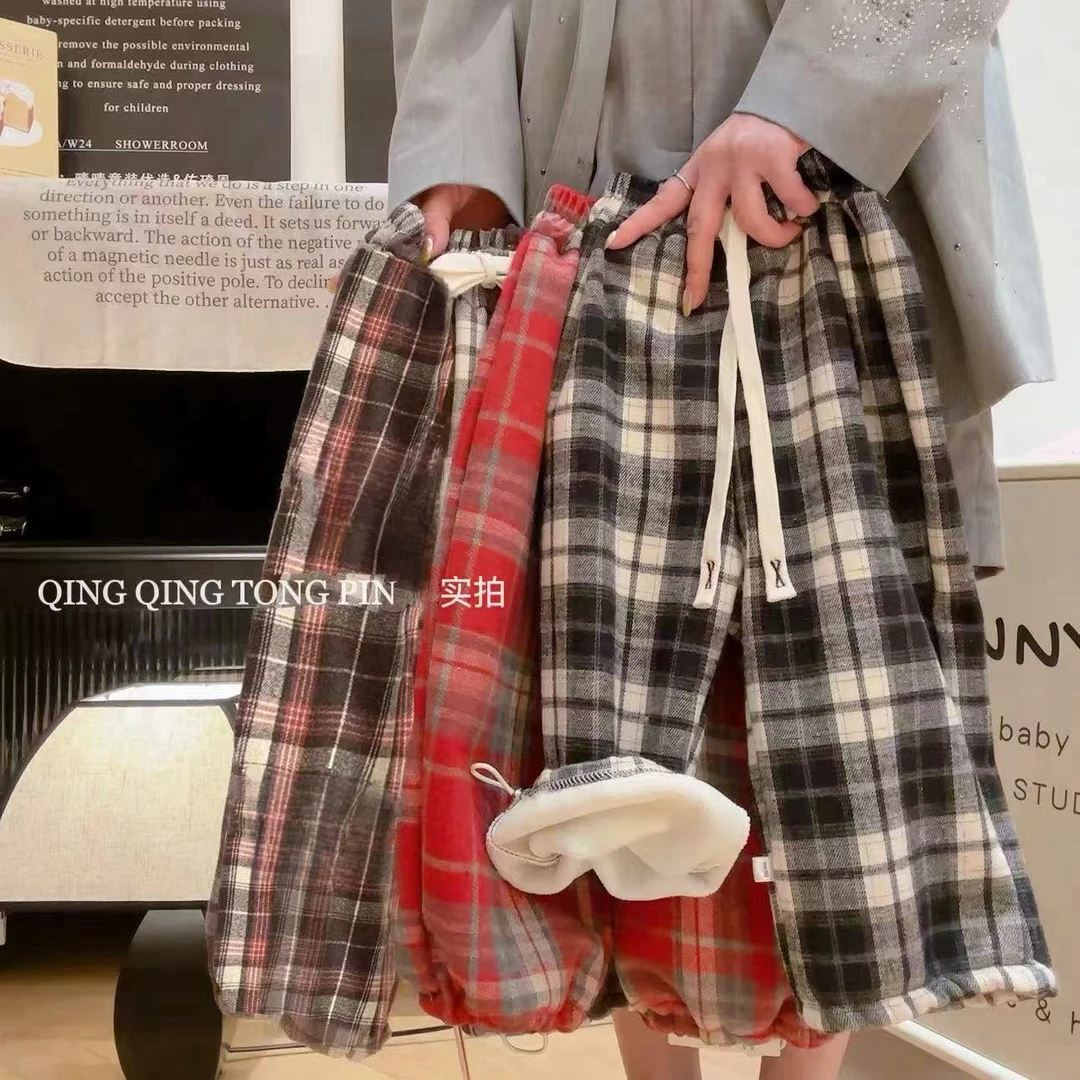 【萌宝】2024儿童休闲长裤秋冬新款加绒格子裤保暖长裤儿童裤子