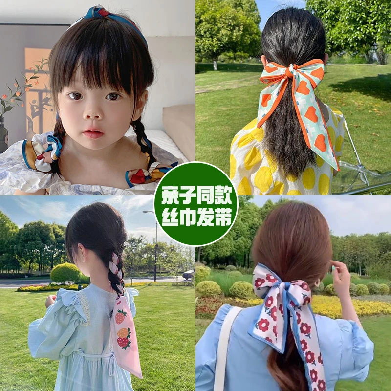 儿童丝巾发带女孩编发绑头发甜美蝴蝶结飘带网红发饰亲子同款头饰